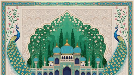 Traditional Mughal garden scene in Pichwai style featuring peacock and arches, designed for wallpaper