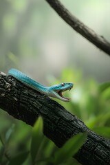 Fototapeta premium A blue viper snake is perched on a branch in a lush green forest
