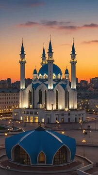 Kazan Kul Sharif Mosque Illuminated At Dusk Warm Sky Footage