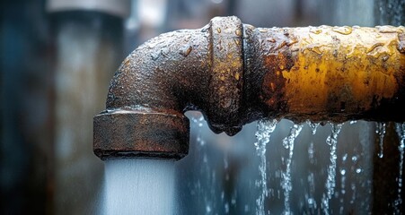 Close-up of a rusty metal pipe with water flowing out and droplets falling, showing corrosion and wet textures in an industrial setting