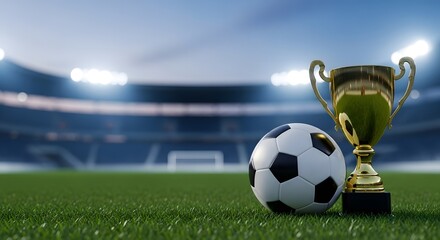 Soccer ball and shiny golden trophy on green grass field in a large stadium under bright lights for championship victory concept and sports success