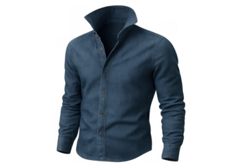 Blue long sleeve denim shirt with a button up front, featuring a tall collar, on a transparent background