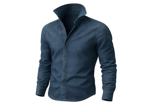Blue long sleeve denim shirt with a button up front, featuring a tall collar, on a transparent background