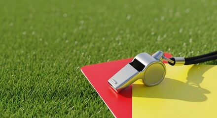 Naklejka premium Referee's whistle and red, yellow cards signifying soccer game rules concept on green field grass in bright daylight