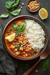 Bowl of creamy curry with tofu cubes, fresh basil leaves, peanuts, lemon wedge, and white rice served with wooden fork on dark surface