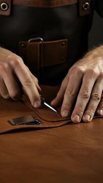 Leather Craftsmanship Close-Up Hands Working on Brown Leather Detail