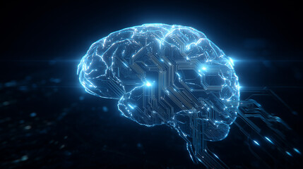 Futuristic glowing brain with circuit patterns symbolizes artificial intelligence, neural networks, and the future of technology and medical science