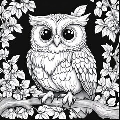 Fototapeta premium Detailed black and white drawing of a wide-eyed owl perched on a branch surrounded by blooming leafy branches, evoking a sense of curiosity and calm