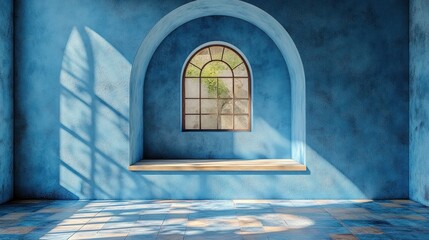 Sunlit blue room with arched window creates a serene atmosphere