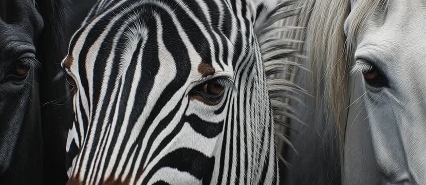 Close-up view of a zebra standing between two horses, highlighting striking contrasts in color and texture. Useful for wildlife content, nature documentaries, educational videos, and creative visual 