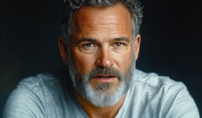 Obraz premium Close-up portrait of a mature man with curly gray hair and beard wearing a light-colored shirt against dark background, expressing calm and confidence