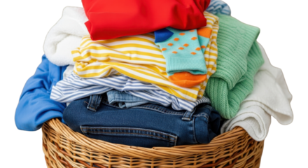 Large pile of colorful dirty laundry overflowing a woven basket ready for washing or household chores isolated PNG with Transparent Background
