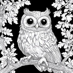 Fototapeta premium Detailed black and white illustration of a wide-eyed owl perched on a tree branch surrounded by leafy foliage, evoking a calm and watchful mood