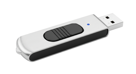 Silver and black USB flash drive used for digital data storage and transfer technology. isolated PNG with Transparent Background