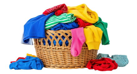 Wicker laundry basket overflowing with colorful clothes and garments ready for washing isolated PNG with Transparent Background