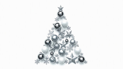 Silver christmas tree made of ornaments stars and snowflakes on a white background top down view