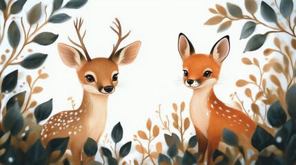 Fototapeta premium illustration of two young deer surrounded by soft foliage with gentle expressions and warm earthy tones