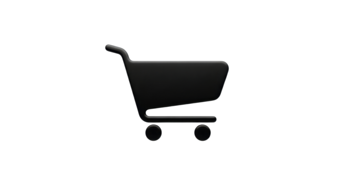 Black 3D render shopping cart icon for e-commerce websites and digital purchase applications isolated PNG with Transparent Background