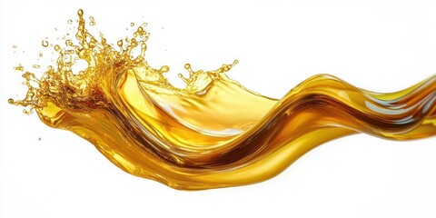 Golden liquid splash dynamic flow against white background with bright reflection and smooth texture