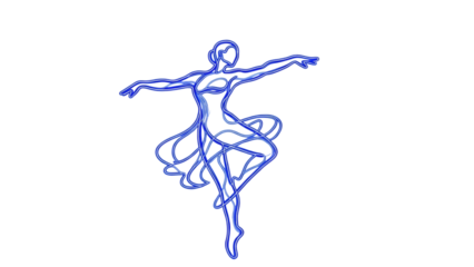 A flowing, abstract dance figure is shown in bright, electric blue against a stark black background