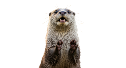 Cute playful river otter standing and looking at the camera with expressive face. isolated PNG with Transparent Background