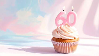 Festive Cupcake Topped with Number 60 Candle Marking Special Sixtieth Milestone with Colorful Decoration