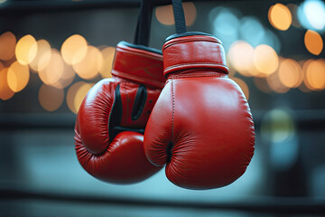 A close-up of red boxing gloves hanging against a blurred backdrop of warm lights, capturing the spirit of determination and athleticism.