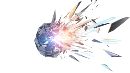 A shattered crystal sphere explodes with light and shards against a dark void background.