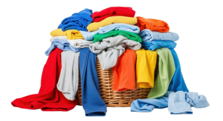 Woven laundry basket overflowing with colorful clothes and textiles for washing and sorting. isolated PNG with Transparent Background