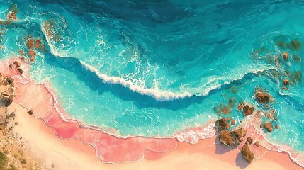 Obraz premium Aerial view of tropical beach, vibrant blue water meeting soft pink sand, serene getaway atmosphere, perfect for relaxation.