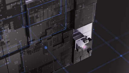 Futuristic digital infrastructure with geometric structures, glowing grid overlays