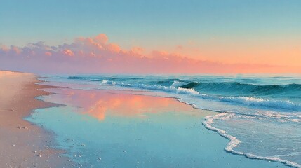 Obraz premium Serene beach at sunset, calm waves lapping shore, soft pastel skies reflecting on tranquil water surface, perfect for relaxation.