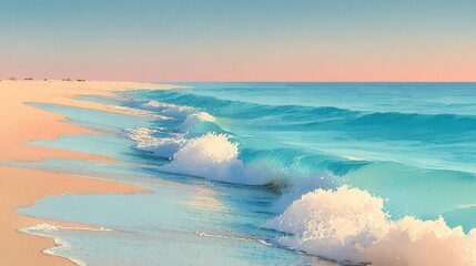 Naklejka premium Serene beach scene, gentle waves lapping at soft sand under a pastel sky, perfect for relaxation or vacation imagery.