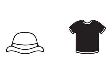 Simple line drawing of a white sun hat next to a black t shirt isolated on white background