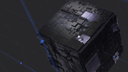 Futuristic 3D cube with intricate geometric surface and glowing network lines