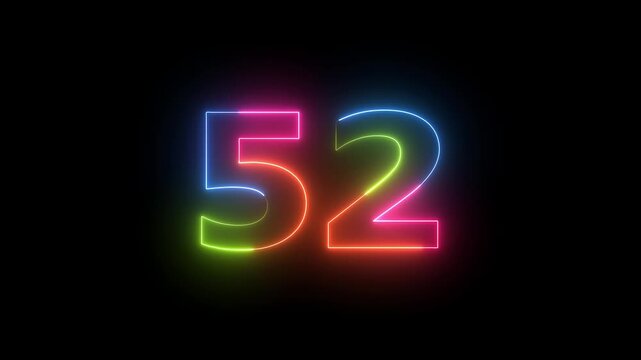 Number 52 neon vibrant rainbow light animation