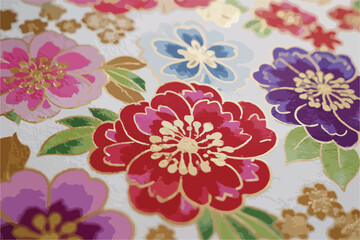 A vibrant Japanese floral pattern with gold metallic accents and stylized peonies, perfect for traditional Asian-inspired designs and luxury textiles.