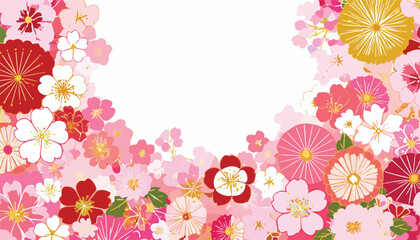 Beautiful vector illustration of traditional Japanese spring flowers forming an elegant decorative frame or border.
