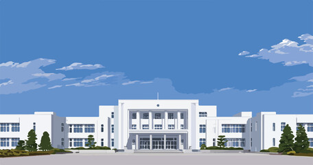Vector illustration of a modern white building featuring classical columns, ideal for a school, university, or government office, under a clear blue sky.