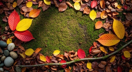 A colorful autumnal scene with leaves and moss on a forest floor.