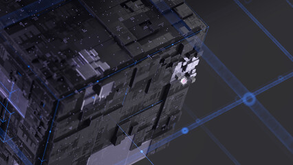 Futuristic cube structure with illuminated components, circuit-like patterns, and glowing network