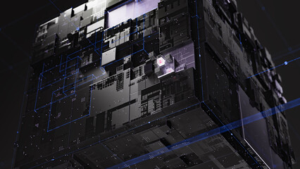 Futuristic data center structure with glowing digital interfaces, cybernetic architecture