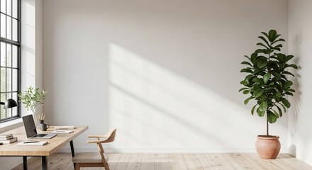 A minimalist office space with a wooden desk, a potted plant, and a laptop on a wooden table.