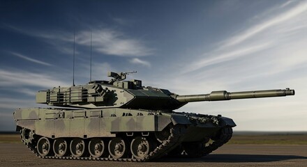 A green and yellow military tank on a dirt road with a cloudy sky in the background.