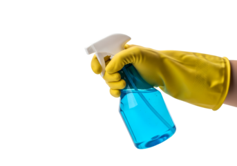 Closeup hand in a yellow rubber glove with spray blue cleaning on transparent background