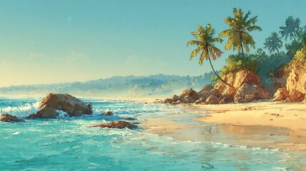 Naklejka premium Serene beach scene with calm turquoise waters, sandy shore, palm trees swaying in the breeze, ideal for relaxation themes.