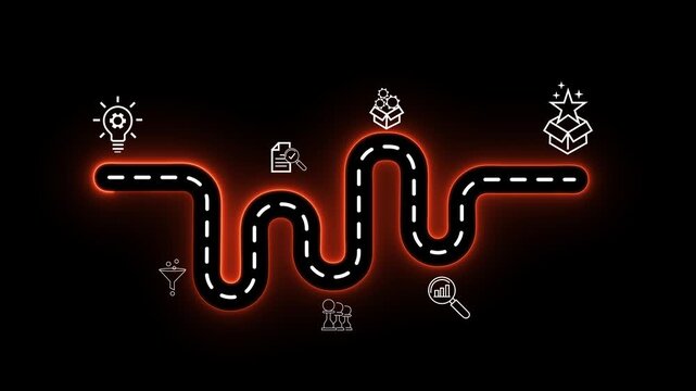 Creative idea generation for new product development concept. Creative thinking and innovation. Road map with stages of innovation icons, generating creative and Motion graphics of road sign concept.