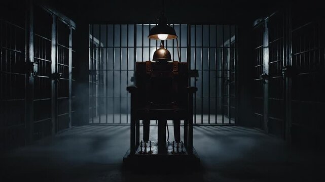 Dramatic empty electric chair awaiting execution inside a dark somber prison cell block