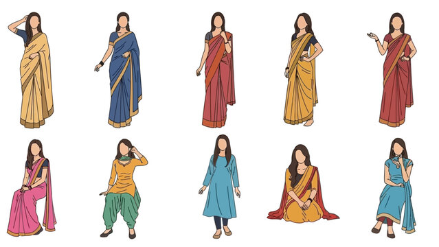 Diverse collection of Indian women showcasing traditional saree and salwar kameez styles in various poses