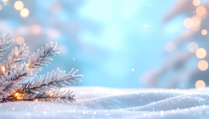 Winter Wonderland Scene with Frosted Fir Branch and Sparkling Bokeh Lights on a Snowy Ground, Evoking a Serene Christmas Holiday Mood
